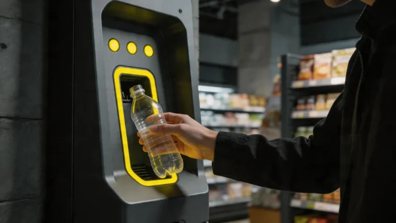 Automat recyklomat w polskim supermarkecie z butelką PET