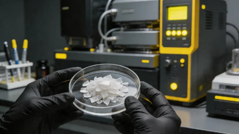 Laboratorium analityczne — szalka Petriego z flake'ami PET i sprzęt GC-MS