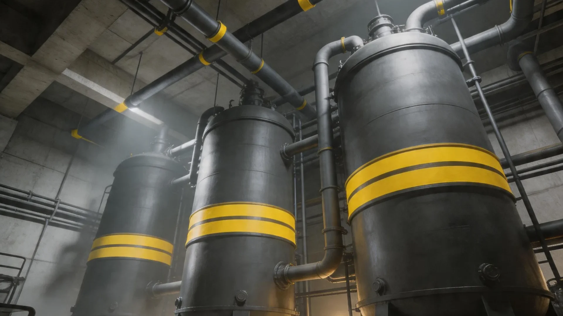 Wnętrze nowoczesnego zakładu recyklingu chemicznego — reaktory i rurociągi