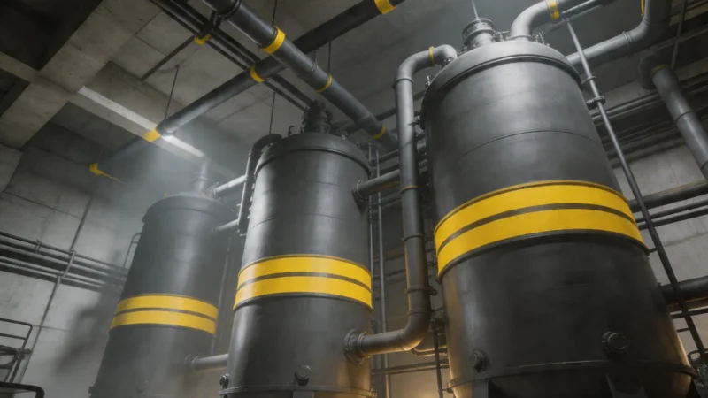 Wnętrze nowoczesnego zakładu recyklingu chemicznego — reaktory i rurociągi