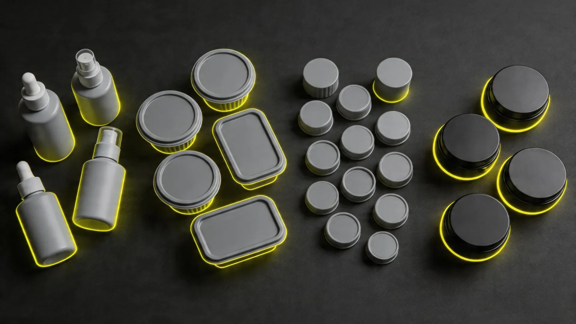 Flat lay opakowań FMCG — produkty kosmetyczne i spożywcze posortowane według polimerów