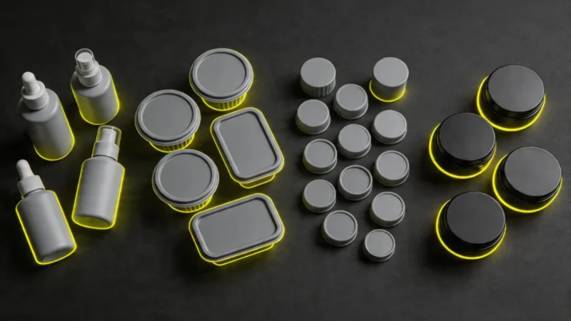 Flat lay opakowań FMCG — produkty kosmetyczne i spożywcze posortowane według polimerów