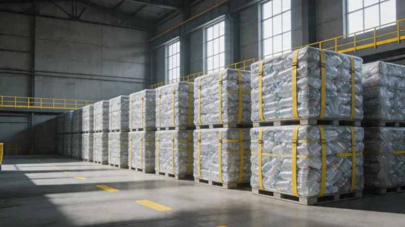 Bele skompresowanych butelek PET w centrum recyklingu — logistyka DRS